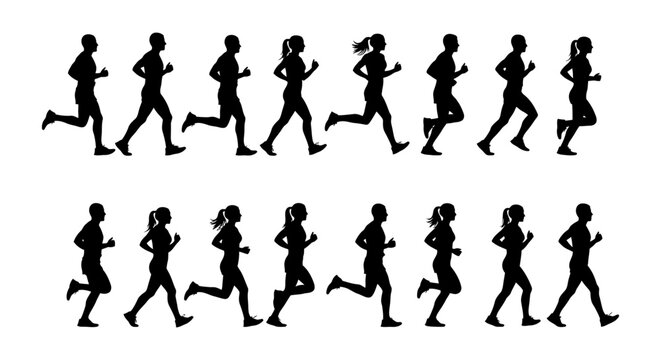 silhouettes of diverse people running in synchronized motion on white background