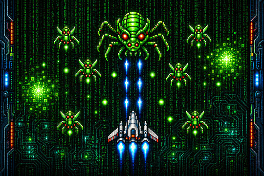 Pixel Art Spaceship Shooting Lasers at Green Alien Bugs on Digital Background
