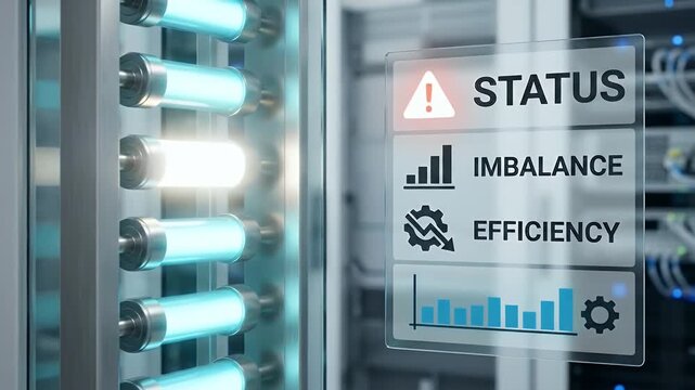 Status alert with imbalance and efficiency indicators on transparent digital display screen showing industrial data in modern server room environment with glowing blue lights and monitoring