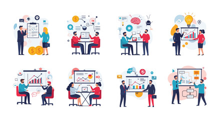 Fototapeta premium Collection of business scenarios showing professionals presenting data charts and collaborating during meetings and office work.