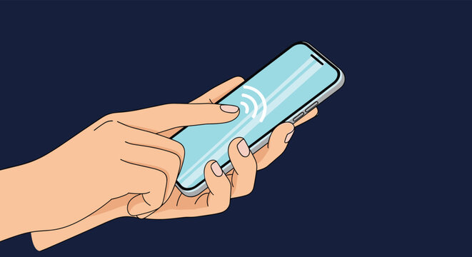 Close up of hands holding a modern smartphone while touching the screen to access wireless internet or mobile applications.