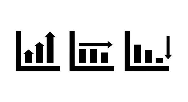three business graph icons showing growth stability and decline