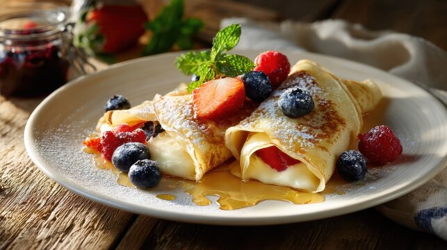 Cheese-filled blintzes on a plate with fresh berries and a light honey drizzle