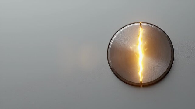 Modern round wall light with warm glowing slit design on textured gray wall, decorative interior lighting featuring cracked metal circle with glowing light symbolizing energy and power