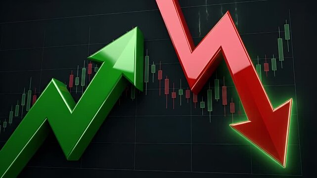Stock market concept featuring green upward arrow and red downward arrow on financial chart background with candlestick chart symbolizing investment growth decline finance and market trends