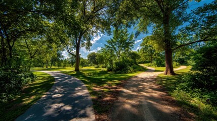 Fototapeta premium Three Diverging Trails in a Sunlit Park: Parallel Left/Right Lanes and a Broad Forward Track
