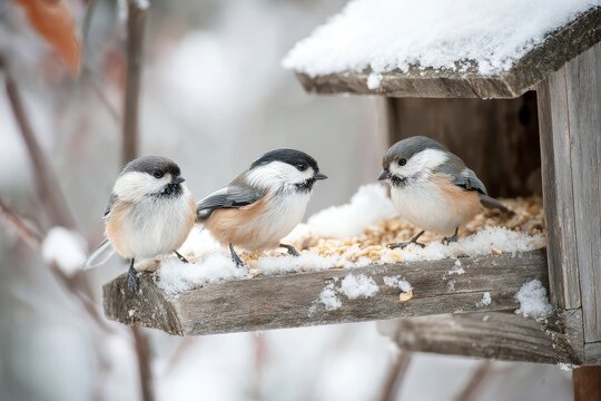 Three small songbirds at a snow-covered bird feeder, feeding on suet in a quiet winter backyard