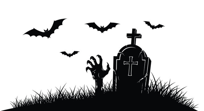 Dark silhouette of a zombie hand rising from a grave in a cemetery with flying bats against a white background.
