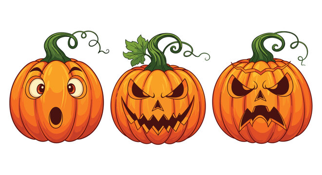 Set of three carved halloween pumpkins or jack-o-lanterns with surprised, scary, and angry facial expressions on white.