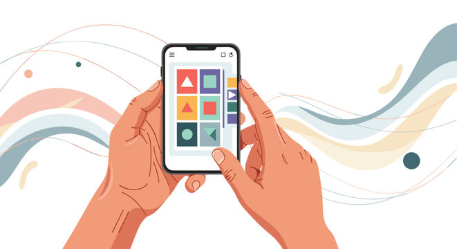 Close up of human hands holding a black smartphone that displays a colorful user interface with geometric shapes.