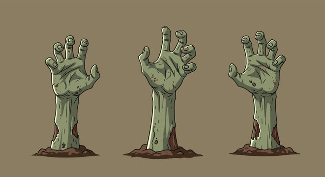 Three decaying green zombie hands reaching up from the earth for a creepy halloween scene against a brown background in pixel art.