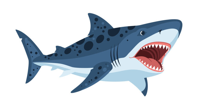 Powerful blue shark swimming in the water with its massive jaws wide open revealing rows of sharp teeth in an aggressive hunting pose.