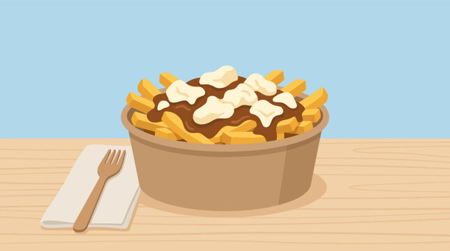 Delicious bowl of Canadian poutine with fries gravy and cheese curds in modern flat vector art style