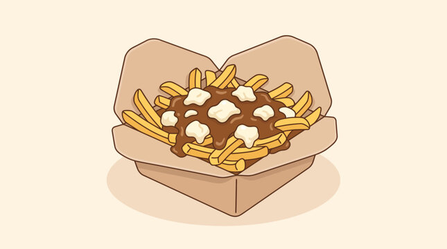 Traditional Canadian Poutine with French Fries Gravy and Cheese Curds Vector Illustration