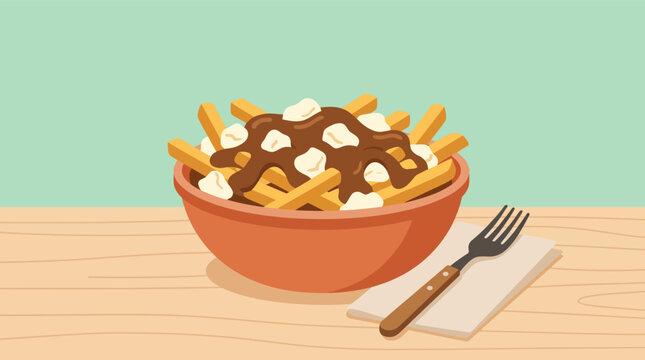 Canadian poutine bowl with french fries cheese curds and gravy on wooden table flat vector illustration