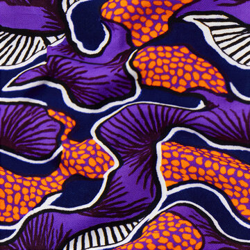 Flowing purple organic shapes with orange dotted textile motif