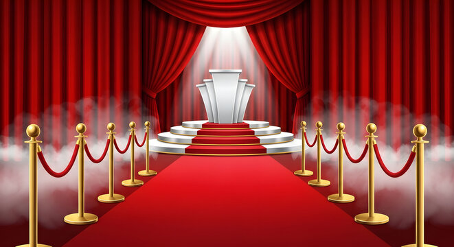 Grand award stage with red carpet and velvet curtains, elegant podium on illuminated theater platform, luxury event background with gold stanchions