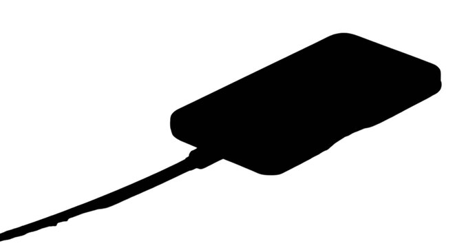 Silhouette of a smartphone connected to a charging cable on white background