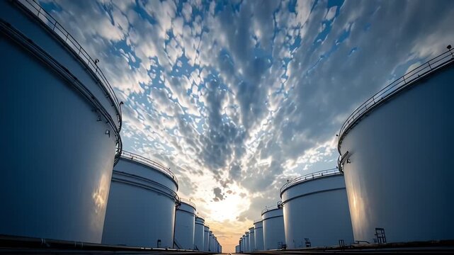 Timelapse hydrogen energy transition with industrial fuel storage tanks and refinery infrastructure under dramatic sunset sky representing clean fuel shift