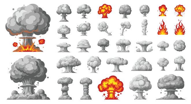 Large set of various mushroom cloud explosions and fire effects in pixel art style for video games or retro graphics.