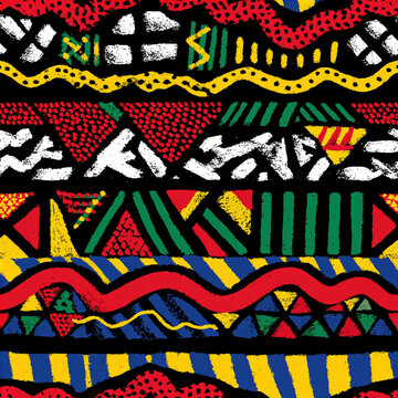 Bold geometric tribal pattern with hand painted ethnic motifs