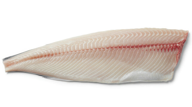 Raw white fish fillet piece isolated on a plain white background, for culinary usage