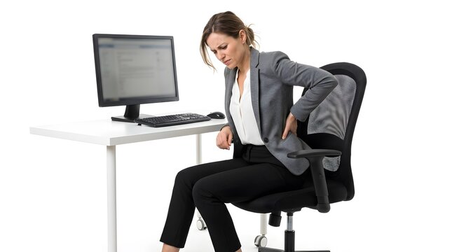 Businesswoman sitting at desk holding lower back in pain