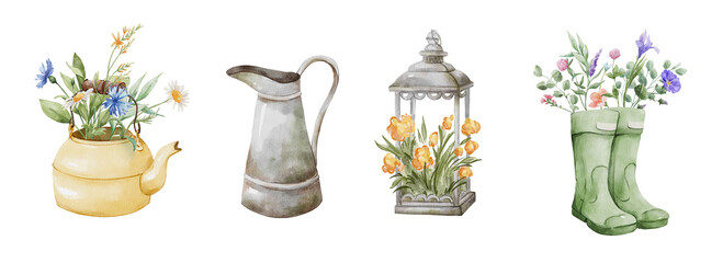 Watercolor hand drawn cottage core gardening tools decorations illustrations set, flower bouquet vintage kettle rain boots antique lantern watering can © yuliia lashevska