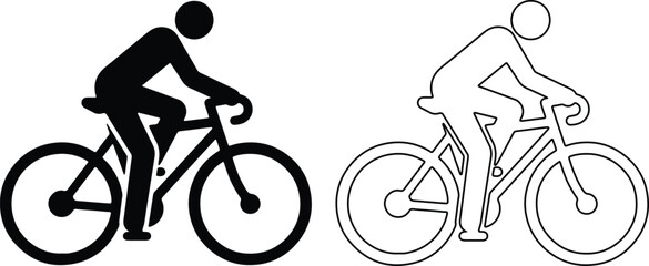 Obraz premium Vector icon set of a cyclist person riding a bicycle in minimalist solid black silhouette and line outline styles isolated on a white background for sports fitness and active lifestyle.