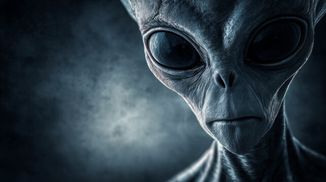 Alien creature with large black eyes and gray skin, featuring a distinct elongated head and subtle facial features against a dark, atmospheric background