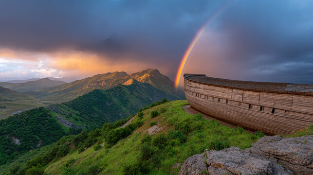 Wooden replica of Noah's Ark situated on a hillside with lush green vegetation and mountains under a dramatic sky featuring a vibrant rainbow