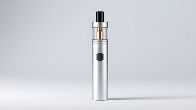 Silver vape pen with black mouthpiece and transparent tank, positioned upright against a light gray background, showcasing modern design and sleek appearance