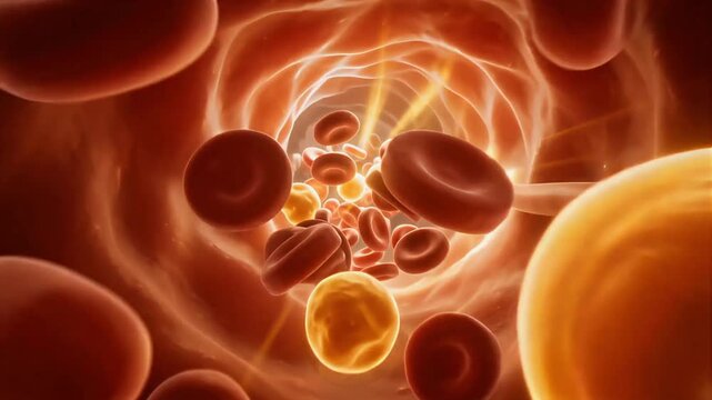 Red blood cells flowing through a human artery in this detailed biological animation showing a fast motion medical clip of the circulatory system within veins