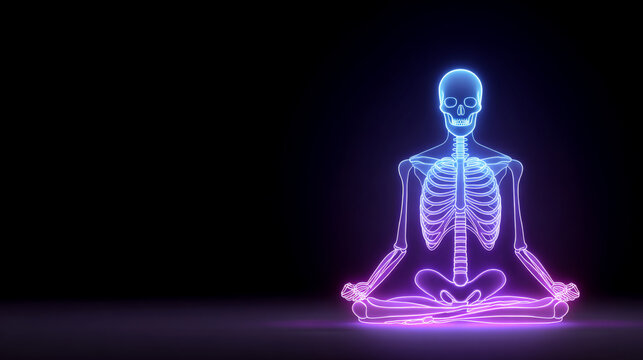 Neon illustration of a human skeleton in a meditative pose, glowing in blue and pink light against a dark background, emphasizing the skeletal structure and tranquility