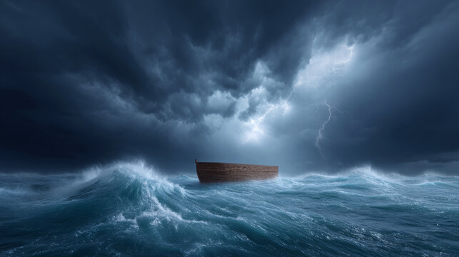 Wooden boat navigating turbulent ocean waves under dark stormy sky with lightning illuminating the clouds in a dramatic maritime scene