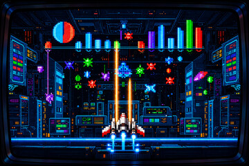 Fototapeta premium Pixel Art Spaceship Attacking Giant Firewall Gate Network Security 