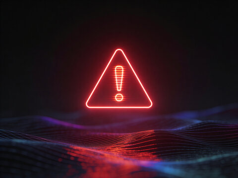 Glowing Neon Red Warning Sign Floating Over an Abstract Digital Landscape