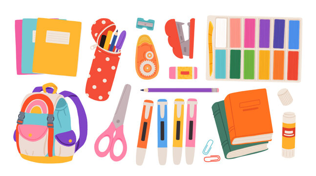 Flat vector set with colorful school supplies, backpack, notebooks, pencil case, scissors, markers, plasticine, stapler, back to school