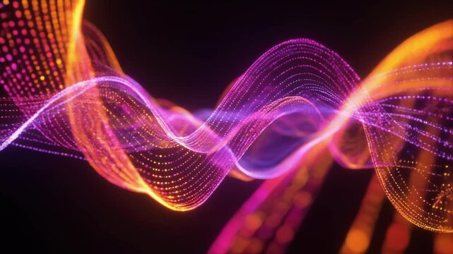 Abstract flowing neon light waves on a dark background.