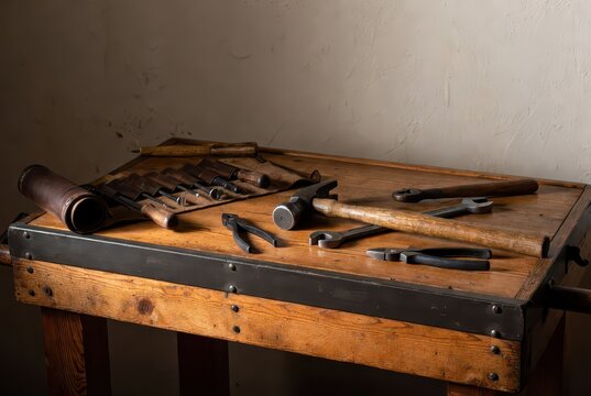 Vintage tools and leather roll laid out on a rustic wooden workbench, ready for craft