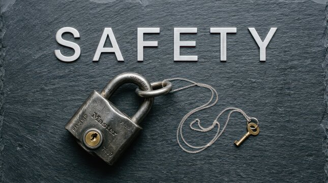 A safety lock with a chain and key on a slate surface