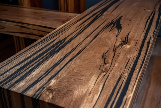 Close-up of a live edge wooden table with striking black epoxy resin river detail