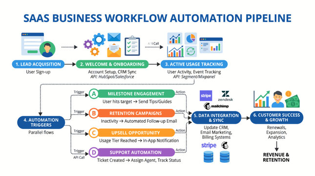 SaaS business workflow automation pipeline lead acquisition to customer success digital marketing process on white background.