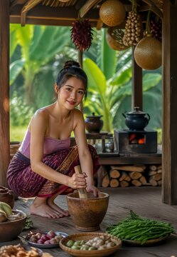Beautiful Thai woman cooking with mortar and pestle in traditional ancient kitchen