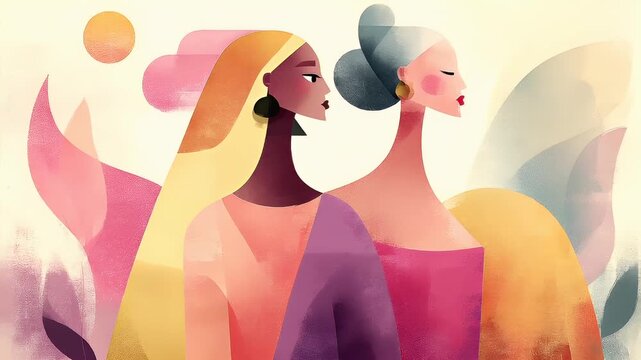 Female diversity. Human rights, equal opportunity concept. A stylized illustration depicts two women in profile. The style is modern and abstract.