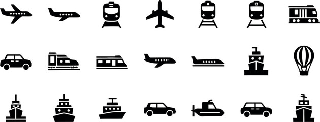 Collection of black transportation icons planes trains cars boats and more © TARAB