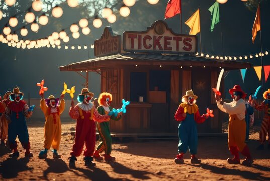 Clowns with balloon animals gather at a carnival ticket booth under string lights at dusk.