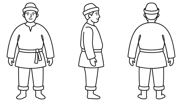 Russian traditional peasant character illustration in outline style showing multiple views.