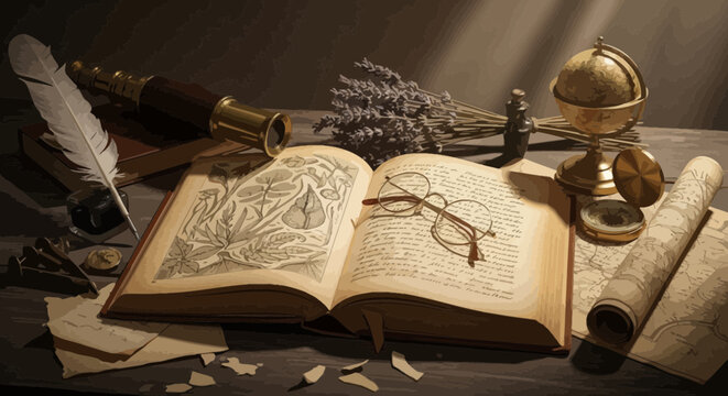 Old book with glasses on page.