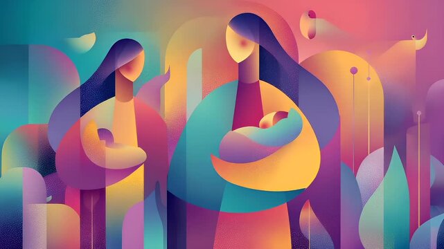 Female diversity. Human rights, equal opportunity concept. A vibrant, abstract digital artwork features two figures in a dynamic pose. The figures are rendered in a modern.